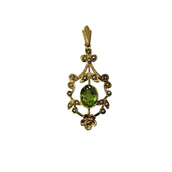 Vintage 9 Karat Yellow Gold Simulated Tourmaline and Pearl Pendant #12633